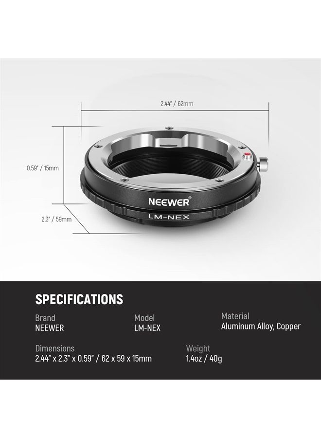 NEEWER Lens Mount Adapter Manual Focus Ring Compatible with Leica M Mount Lens to Sony E Mount Camera, Compatible with Sony A1 A9 A7 A7C A7R A7S A6600 A6400 A5000 NEX-7 NEX-6 NEX-5 ZV-E10 FX30