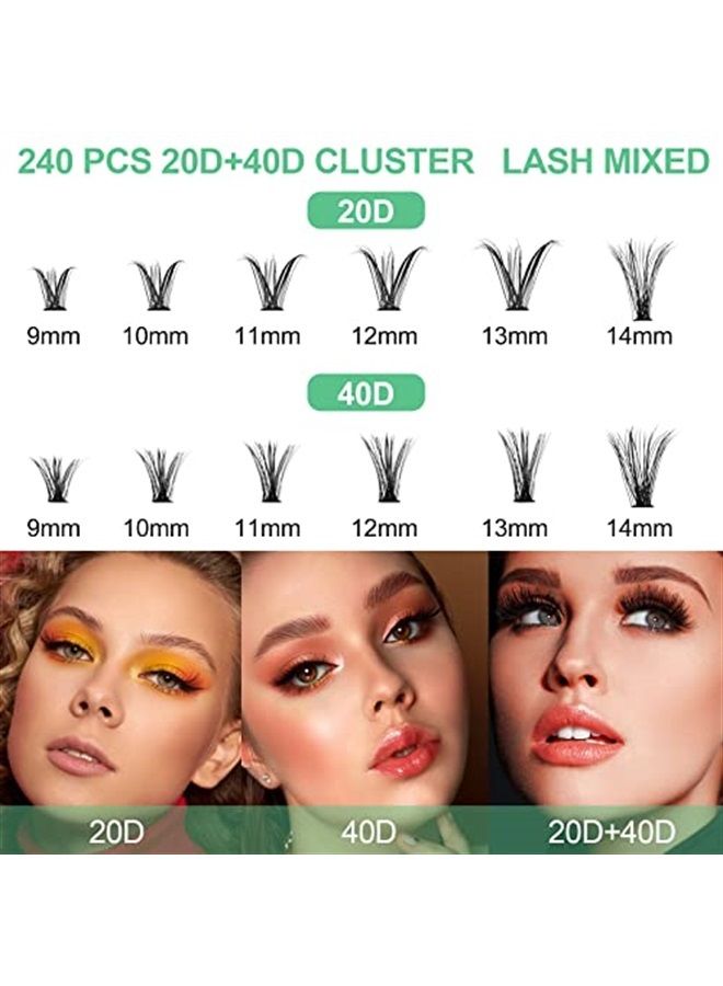 Fenshine Cluster Eyelash Extensions 240pcs 20D/40D Cluster Eyelashes Mixed, Natural False Eyelashes Cluster Soft Individual Lashes Clusters