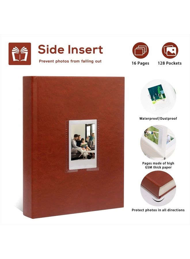 128 Pockets Photo Album with Writing Space, Front Window, Polaroid Photo Albums 3 Inch Compatible with Fujifilm Instax Mini 12 11 9 8 7s 40 EVO, Polaroid 300, HP Sprocket, K-pop Photocards (Brown)