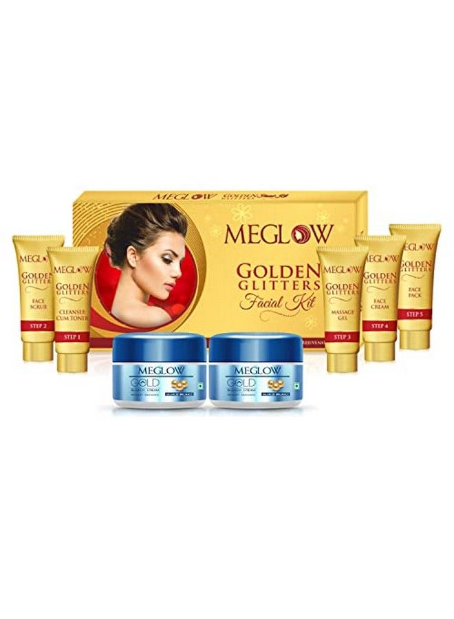 Beauty Combo Pack Of 3 Golden Glitters Facial Kit (105G) With 5 Easy Steps For Golden Glow ;; Gold Bleach ((2)50G) With Prompt Radiance ;; Deeply Cleanses Skin ;; Nourish Hydrate And Soothes The Skin