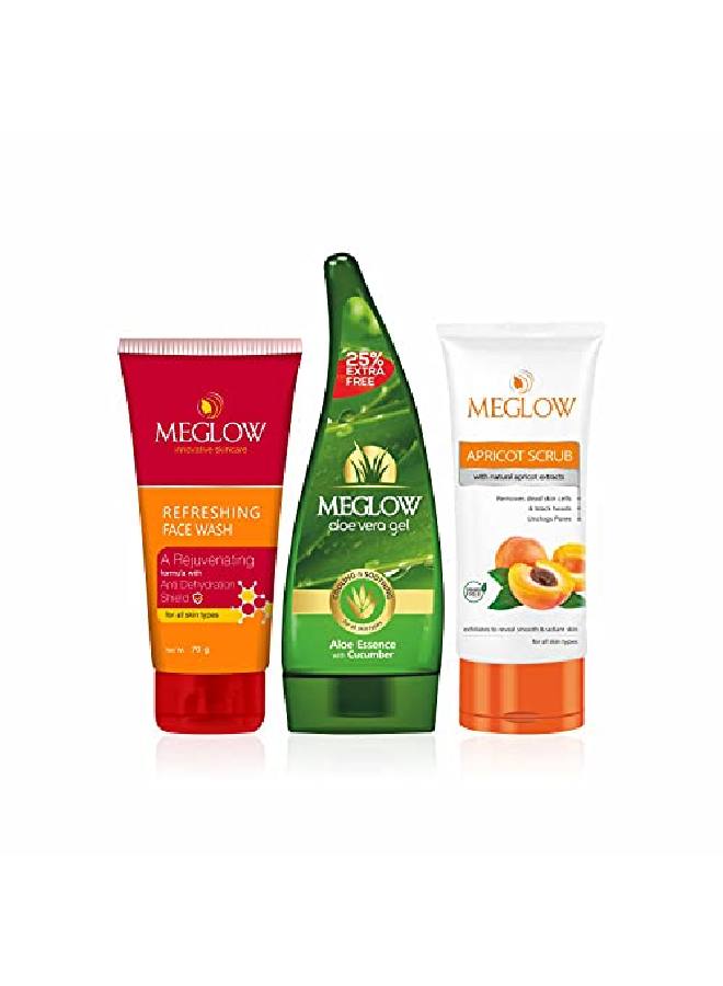Skincare Combo Pack of 3 Refreshing Facewash(70g) || Apricot Scrub(70g) With l Apricot Extracts || Aloevera gel(125g) Enriched with Aloevera and Cucumber || For Smooth and Nourished Skin
