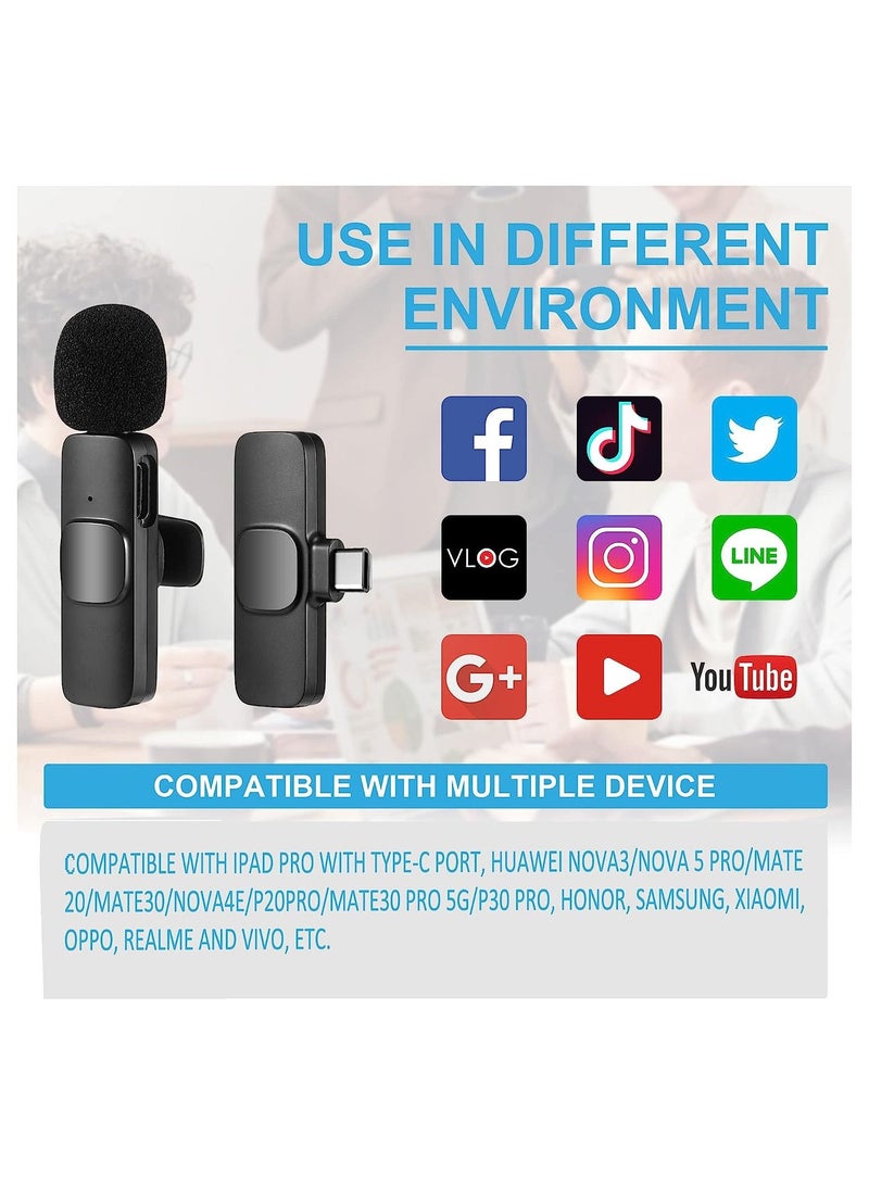 Wireless Lavalier Microphone for Type-C Phone- Plug-Play Wireless Mic with 2 Microphone for USB-C Android Phone and iPhone Video Recording- Interview- Vlog- Auto Sync and Noise Reduction- 2.4 GHZ