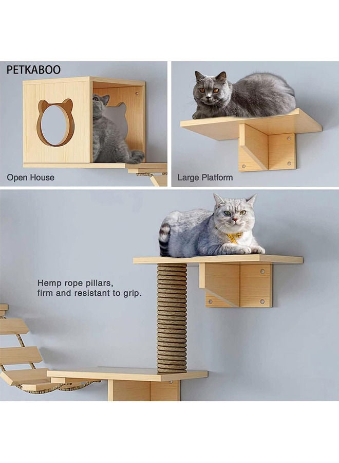 Cat Wall Shelf, Cat Wall Furniture Set and Wall Perch, Floating Cat Wooden Climbing Furniture with 4 Cat Shelves, 2 Cat Houses, 2 Ladders and 1 Cat Scratching Post (9pcs Set)