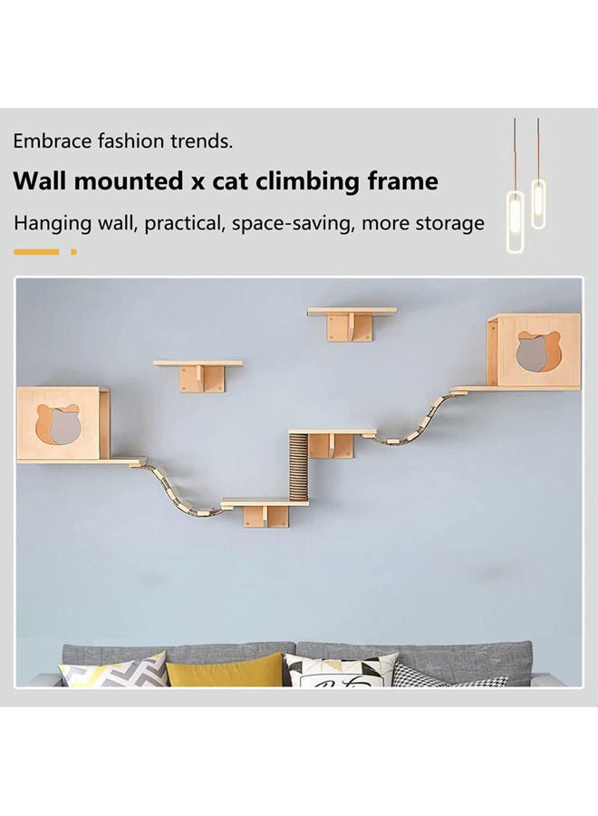 Cat Wall Shelf, Cat Wall Furniture Set and Wall Perch, Floating Cat Wooden Climbing Furniture with 4 Cat Shelves, 2 Cat Houses, 2 Ladders and 1 Cat Scratching Post (9pcs Set)