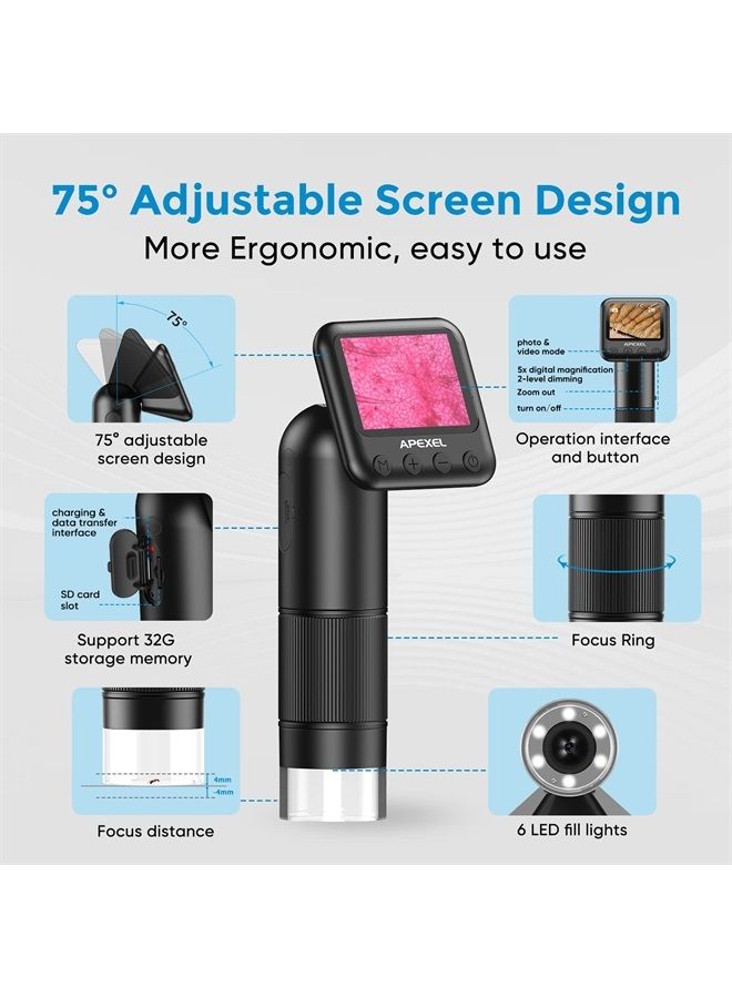 Handheld Digital Microscope with 2” LCD Screen, 800X Pocket Portable Microscope for Kids with Adjustable Lights Coins Electronic Magnifier Camera, USB to PC Including SD Card