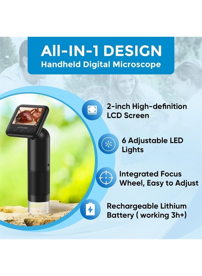 Handheld Digital Microscope with 2” LCD Screen, 800X Pocket Portable Microscope for Kids with Adjustable Lights Coins Electronic Magnifier Camera, USB to PC Including SD Card