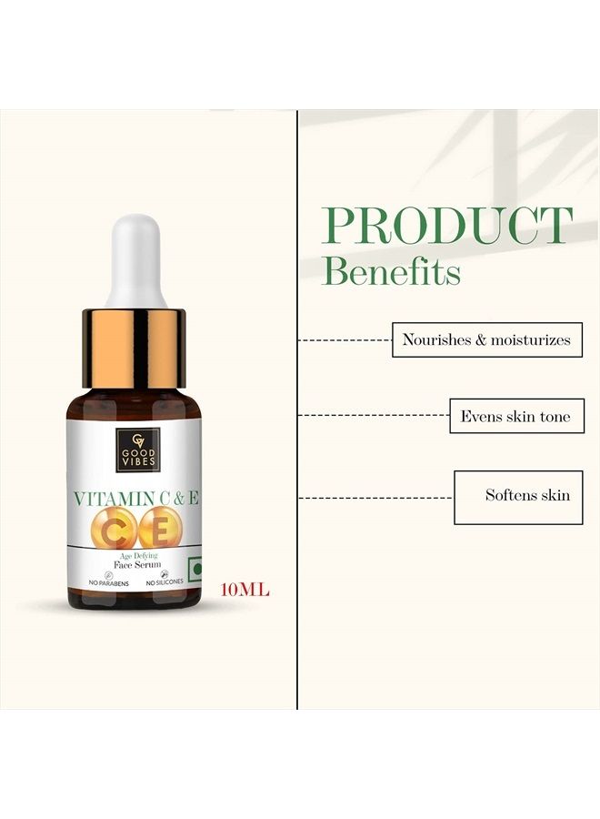 Vitamin C & Vitamin E Age Defying Face Serum | Lightweight Naturally Glowing Serum For All Skin Types | Helps Repair Skin & Wrinkles | No Parabens & Sulphates (10 ml/0.34 Fl Oz)