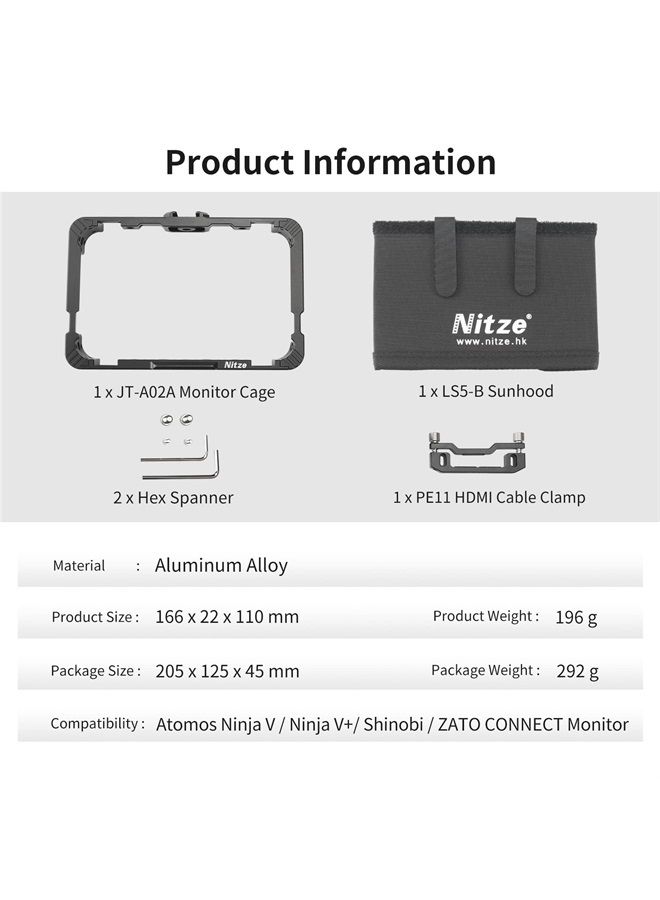 Cage for Atomos Ninja V/Ninja V+ / Shinobi/ZATO Connect Monitors with Sunhood, HDMI Cable Clamp and Built-in NATO Rail - JT-A02B