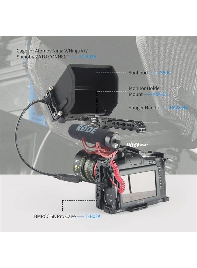 Cage for Atomos Ninja V/Ninja V+ / Shinobi/ZATO Connect Monitors with Sunhood, HDMI Cable Clamp and Built-in NATO Rail - JT-A02B