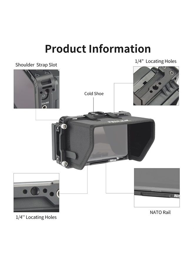 Cage for Atomos Ninja V/Ninja V+ / Shinobi/ZATO Connect Monitors with Sunhood, HDMI Cable Clamp and Built-in NATO Rail - JT-A02B