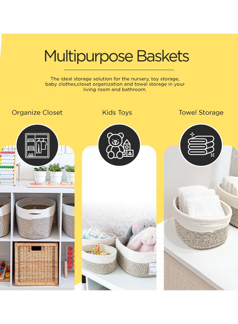 FCG Home - Rope Woven Storage Baskets Set of 3 - Small Rope Baskets for Shelves Bathroom, Nursery Organizer Bins for Baby Toys (Brown & White)