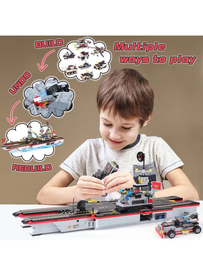 Aircraft Carrier Building Blocks Set 8 In 1 Military Battleship Model Building Toy Kit With Armored Tank Helicopter & Patrol Boat Learning Roleplay Stem Construction Toys Gift For Kids 6+