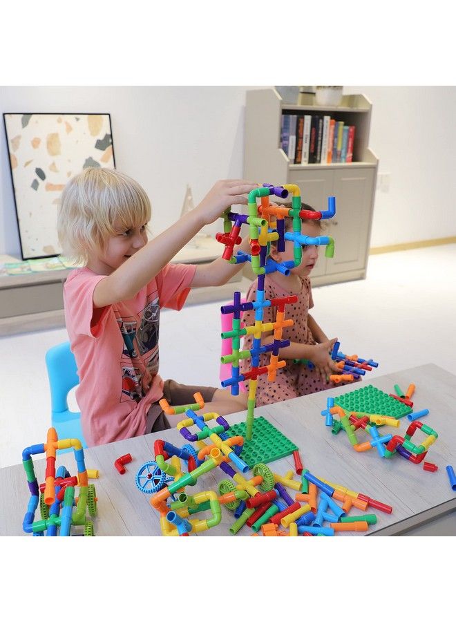 Stem Learning Pipe Tube Toy Sensory Toys Tube Locks Construction Building Blocks Educational Stem Building Learning Toys With Wheels Baseplate For All Ages Kids Boys Girls 176 Pcs