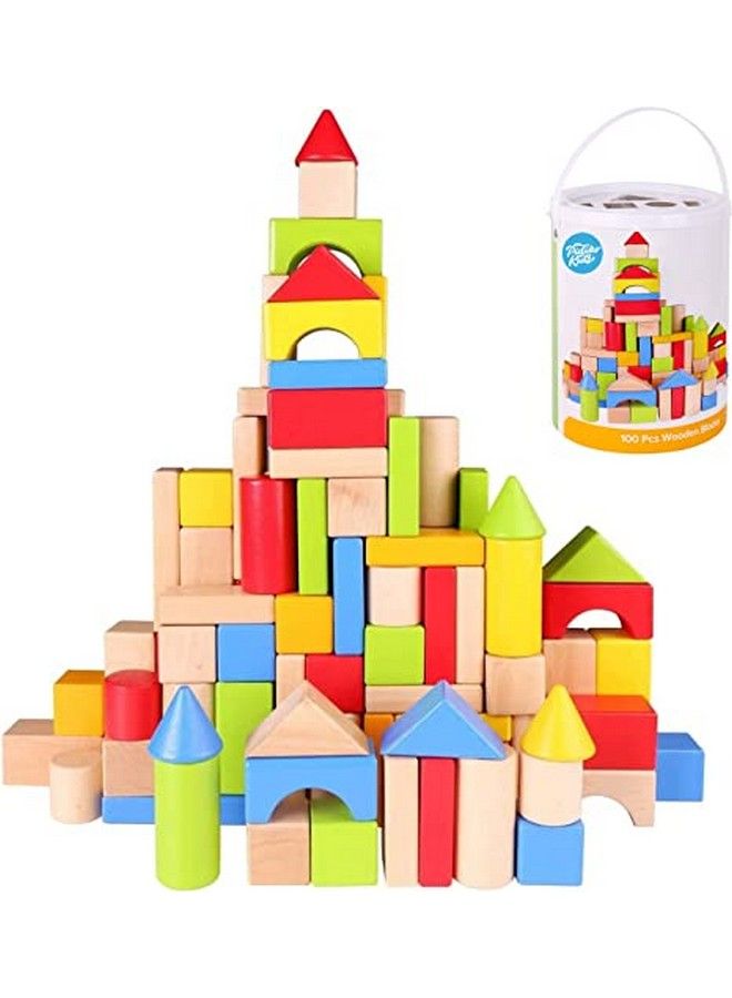 Wooden Blocks 100 Pcs Building Blocks For Toddlers Includes Storage Container With Shape Sorter Top Hardwood Plain & Colored Wood Blocks Preschool Block Learning Toys