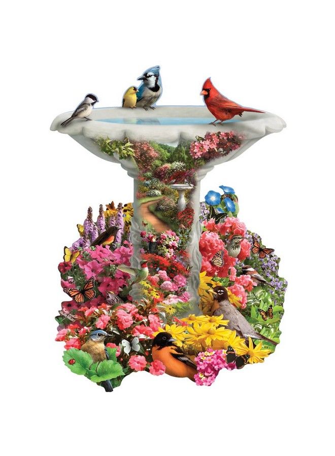 750 Piece Shaped Puzzle Garden Birdbath Busy Bird Fountain By Artist Alan Giana 750 Pc Jigsaw