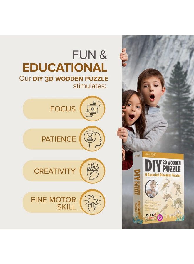 Diy 3D Wooden Puzzle 6 Assorted Dinosaur Bundle Pack Set Brain Teaser Puzzles Educational Stem Toy Adults And Kids To Build Safe And Non Toxic Easy Punch Out Premium Wood Jp2B1