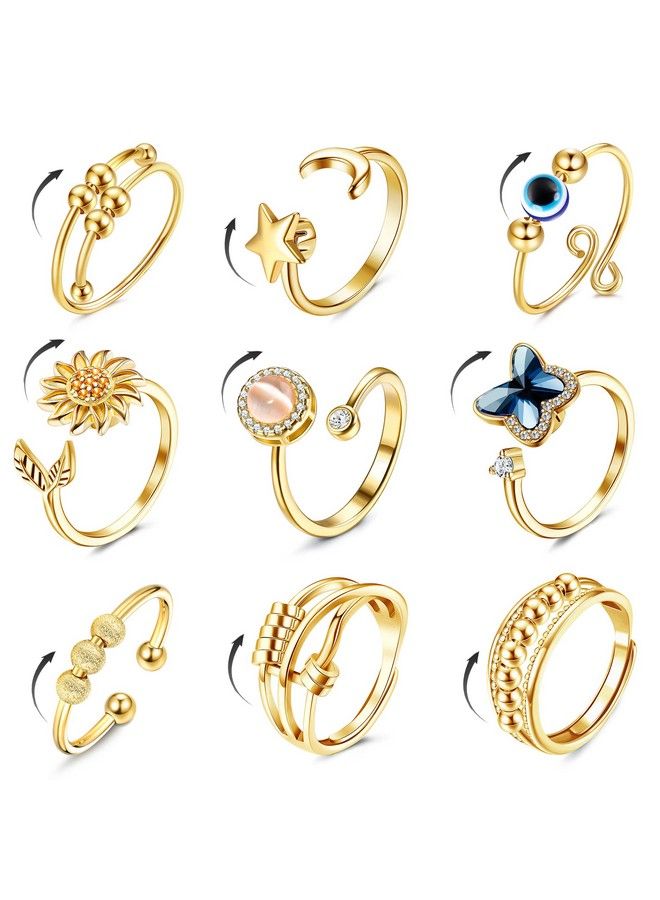 9 Pcs Fidget Anxiety Rings For Women Men Spinner Rings For Anxiety Relieving Stress Open Cz Flower Moon Star Anti Rotatable Rings Adjustable Gold Tone