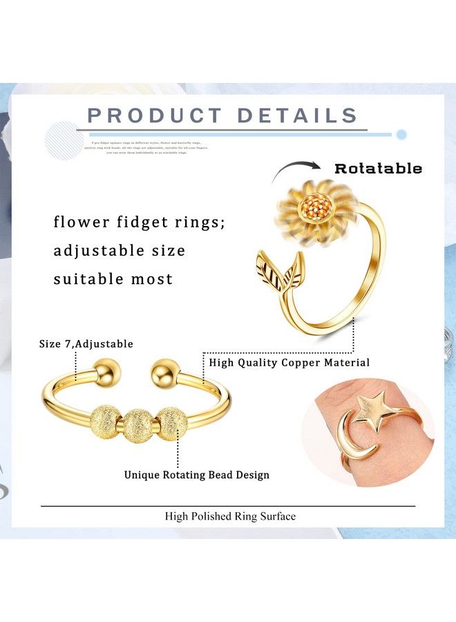 9 Pcs Fidget Anxiety Rings For Women Men Spinner Rings For Anxiety Relieving Stress Open Cz Flower Moon Star Anti Rotatable Rings Adjustable Gold Tone