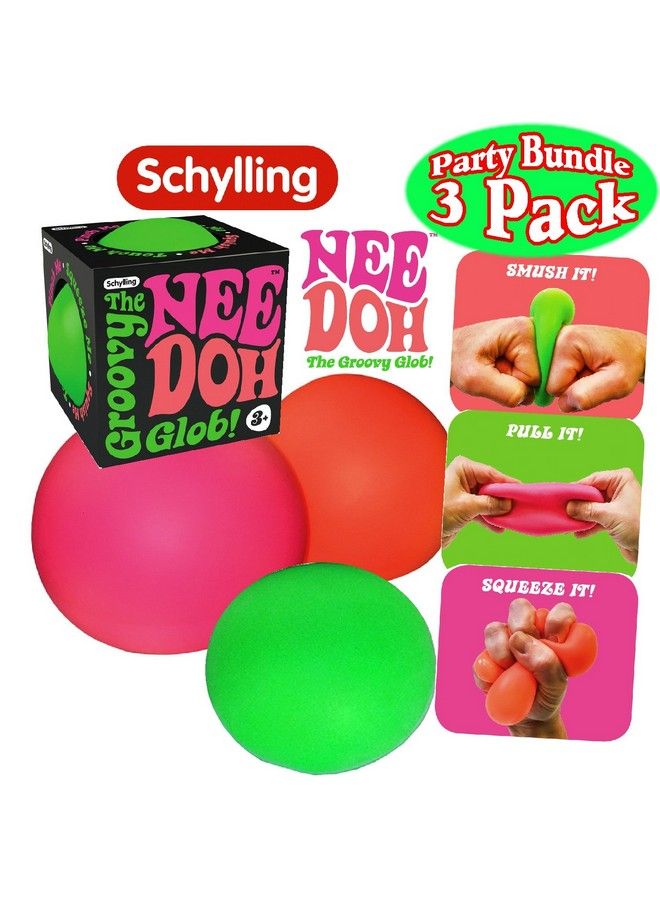 Needoh The Groovy Glob! Squishy Squeezy Stretchy Stress Balls Green Orange & Pink Complete Gift Set Party Bundle 3 Pack