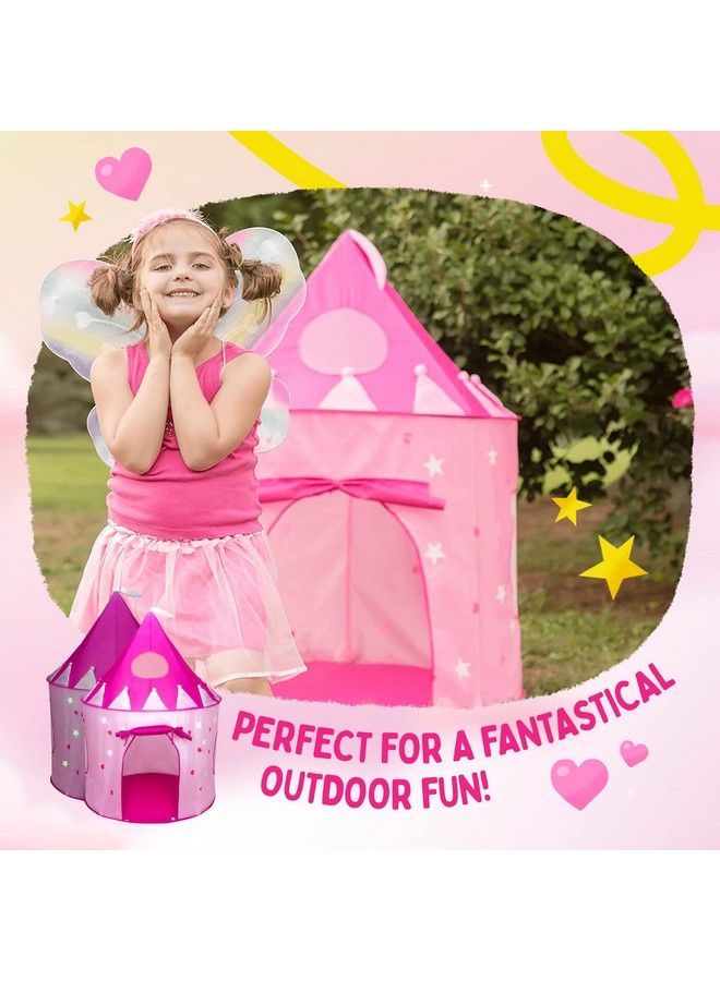 5 Piece Princess Castle Girls Pop Up Play Tent & Dress Up Costume Bundle Playhouse Gift For Girls & Toddler For Indoor & Outdoor Use With Pink Fairy Tale Carrying Bag & Glow In The Dark Stars