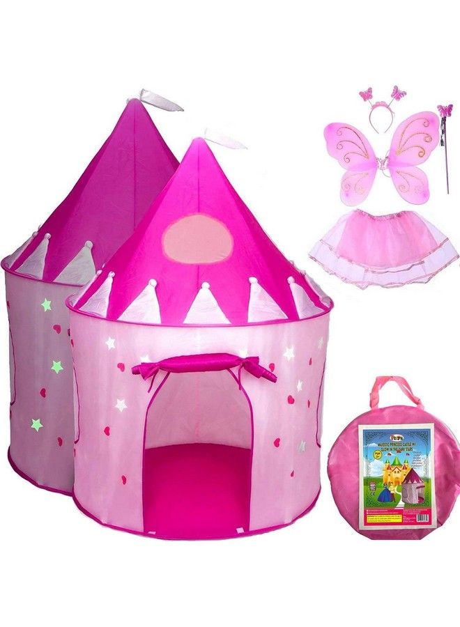 5 Piece Princess Castle Girls Pop Up Play Tent & Dress Up Costume Bundle Playhouse Gift For Girls & Toddler For Indoor & Outdoor Use With Pink Fairy Tale Carrying Bag & Glow In The Dark Stars