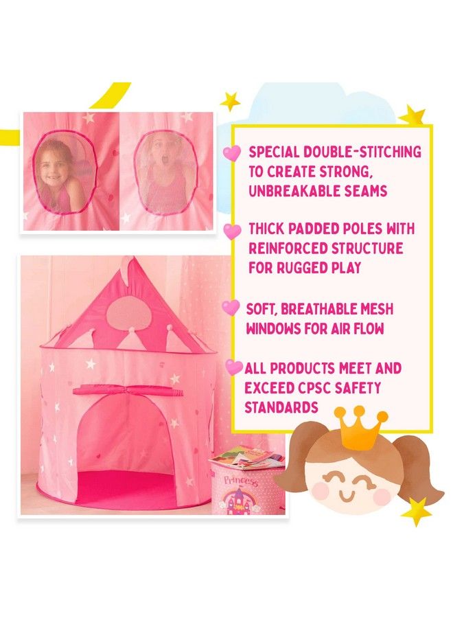 5 Piece Princess Castle Girls Pop Up Play Tent & Dress Up Costume Bundle Playhouse Gift For Girls & Toddler For Indoor & Outdoor Use With Pink Fairy Tale Carrying Bag & Glow In The Dark Stars