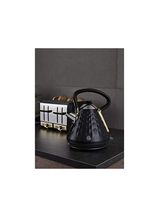 Gatsby Black and Gold 1.7 Litre Pyramid Kettle, 3 KW Rapid Boil, Diamond Pattern Design, Matte Black with Gold Accents, SK14080BLKN