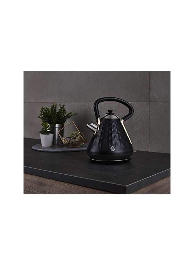 Gatsby Black and Gold 1.7 Litre Pyramid Kettle, 3 KW Rapid Boil, Diamond Pattern Design, Matte Black with Gold Accents, SK14080BLKN