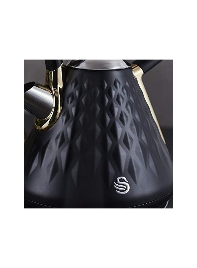 Gatsby Black and Gold 1.7 Litre Pyramid Kettle, 3 KW Rapid Boil, Diamond Pattern Design, Matte Black with Gold Accents, SK14080BLKN