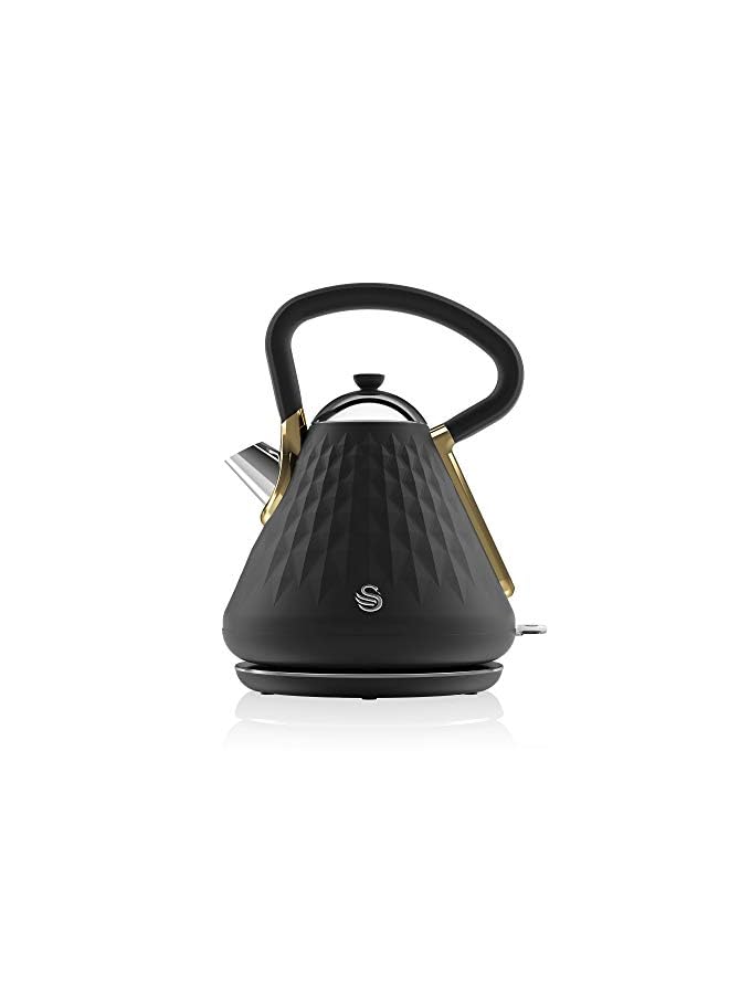 Gatsby Black and Gold 1.7 Litre Pyramid Kettle, 3 KW Rapid Boil, Diamond Pattern Design, Matte Black with Gold Accents, SK14080BLKN