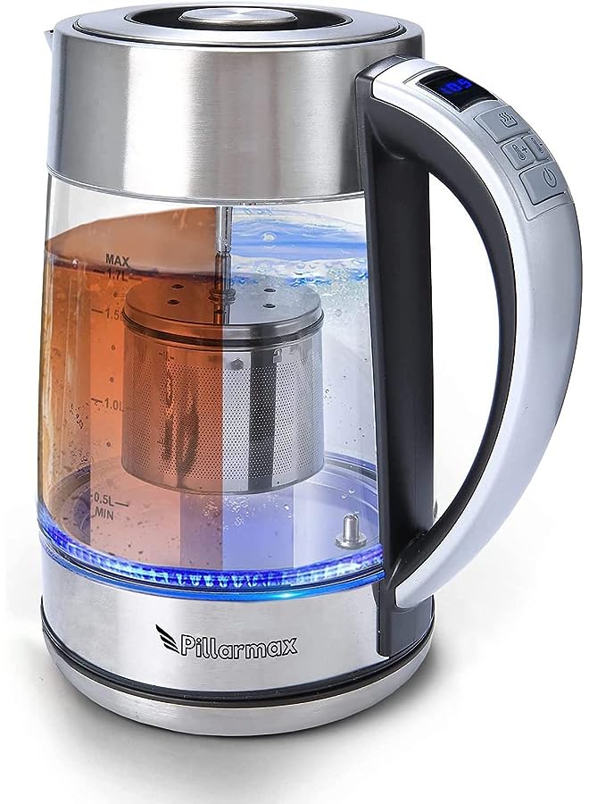 Glass Kettle Temperature Controls with Removable Infuser 1.7 Liters 2200 W. Tea Maker Brewing Programs. Stainless Steel Glass Boiler, BPA-FREE