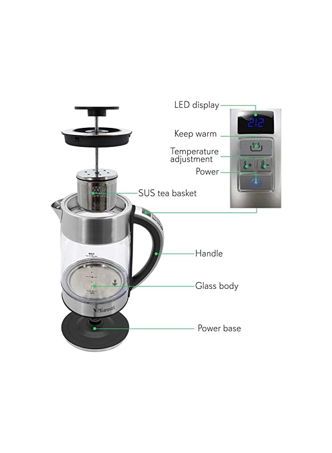 Glass Kettle Temperature Controls with Removable Infuser 1.7 Liters 2200 W. Tea Maker Brewing Programs. Stainless Steel Glass Boiler, BPA-FREE