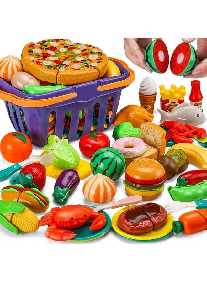 42 Items 87 Pcs Cutting Play Food Toy For Kids Kitchen Set Pretend Cooking Fruit &Vegetables&Fast Food With Storage Basket Fake Food For Toddler&Baby Educational Gift For Girls Boys Children Birthday