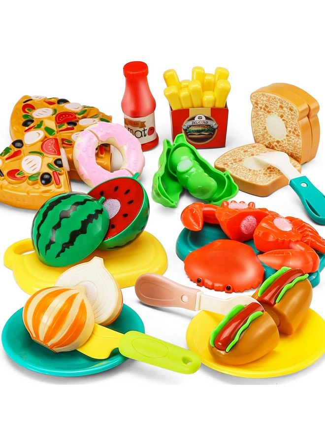 42 Items 87 Pcs Cutting Play Food Toy For Kids Kitchen Set Pretend Cooking Fruit &Vegetables&Fast Food With Storage Basket Fake Food For Toddler&Baby Educational Gift For Girls Boys Children Birthday