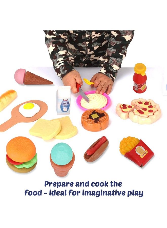 Kids Deluxe 50 Piece Kids Pretend Play Food Set With Kitchen Tools Breakfast Fast Food Ice Cream & Desserts Fun & Interactive Gourmet Toy Assortment Playset For Imaginative Play