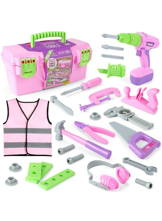 Kids Tool Set Pink Toy Tool Set For Girls With Electric Drill Hammer Planer Working Vest Accessories And Storage Box Construction Pretend Stem Toy Tool Kit For Toddlers Age 3 Years And Up