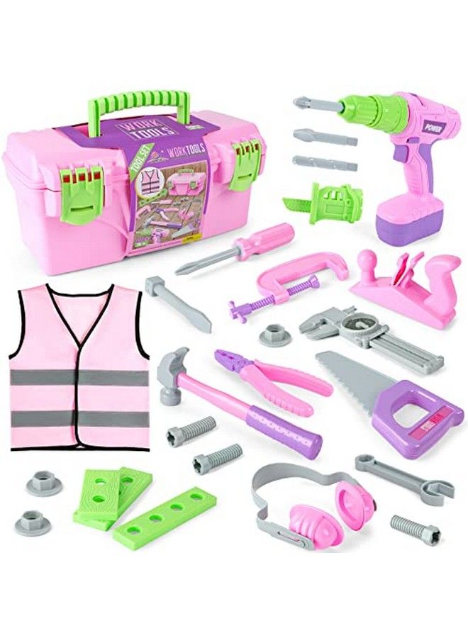 Kids Tool Set Pink Toy Tool Set For Girls With Electric Drill Hammer Planer Working Vest Accessories And Storage Box Construction Pretend Stem Toy Tool Kit For Toddlers Age 3 Years And Up