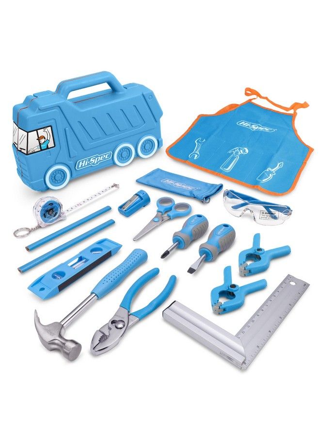 17Pc Blue Kids Tool Kit Set & Child Truck Tool Box. Real Metal Hand Tools For Diy Building Woodwork & Construction