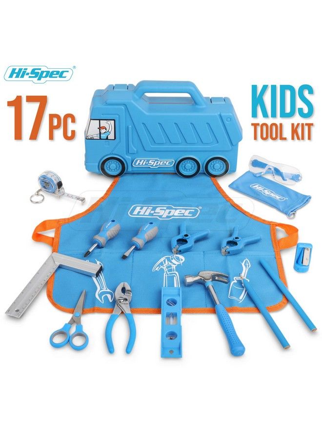 17Pc Blue Kids Tool Kit Set & Child Truck Tool Box. Real Metal Hand Tools For Diy Building Woodwork & Construction