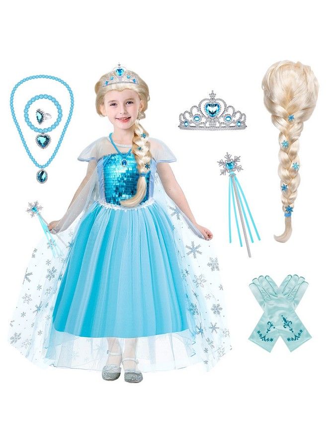 Frozen Elsa Costume For Girls Kids Elsa Wig Blue Crown Glove Princess Dress Up Accessories Birthday Cosplay Outfit