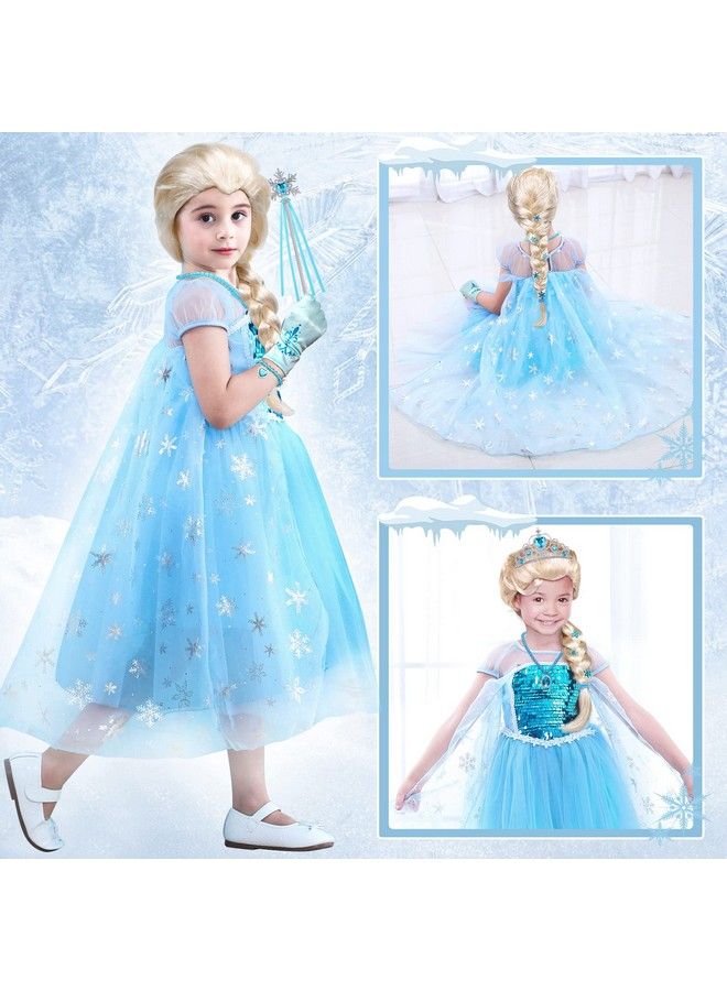 Frozen Elsa Costume For Girls Kids Elsa Wig Blue Crown Glove Princess Dress Up Accessories Birthday Cosplay Outfit