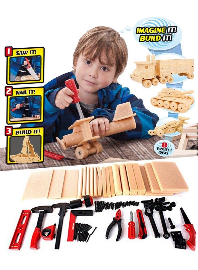 Diy Deluxe Foam Wood Kids Stem Toys Carpentry Construction Engineering Tool Workshop Kit With 6 Project Ideas (90 Piece Set)