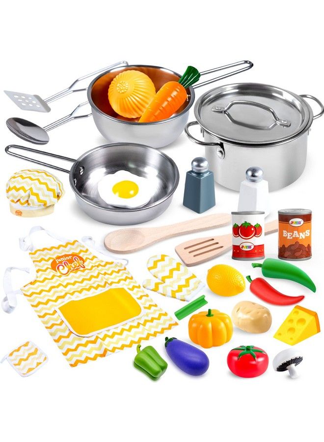 Kid Play Kitchen Pretend Daycare Toy Sets Kids Cooking Supplies With Stainless Steel Cookware Pots And Pans Set Cooking Utensils Apron&Chef Hat And Grocery Play Food Sets Toddler Gifts