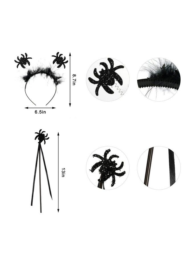 Halloween Spider Costume Set Spider Wings Skirt Set With Headband And Magic Wand Halloween Black & Silver Spider Webs Costume Tutu Skirt For Girls Dress Up Cosplay