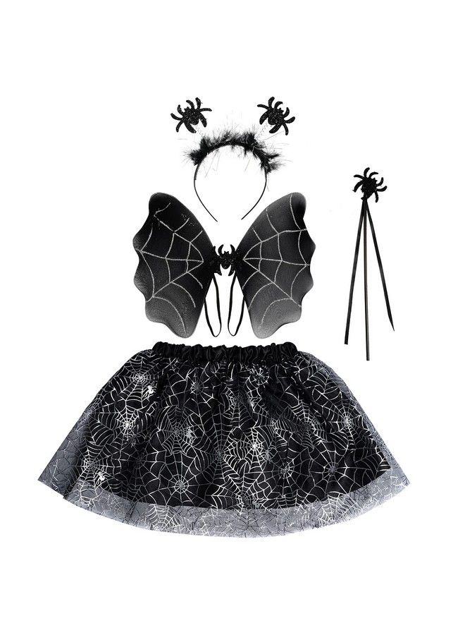 Halloween Spider Costume Set Spider Wings Skirt Set With Headband And Magic Wand Halloween Black & Silver Spider Webs Costume Tutu Skirt For Girls Dress Up Cosplay