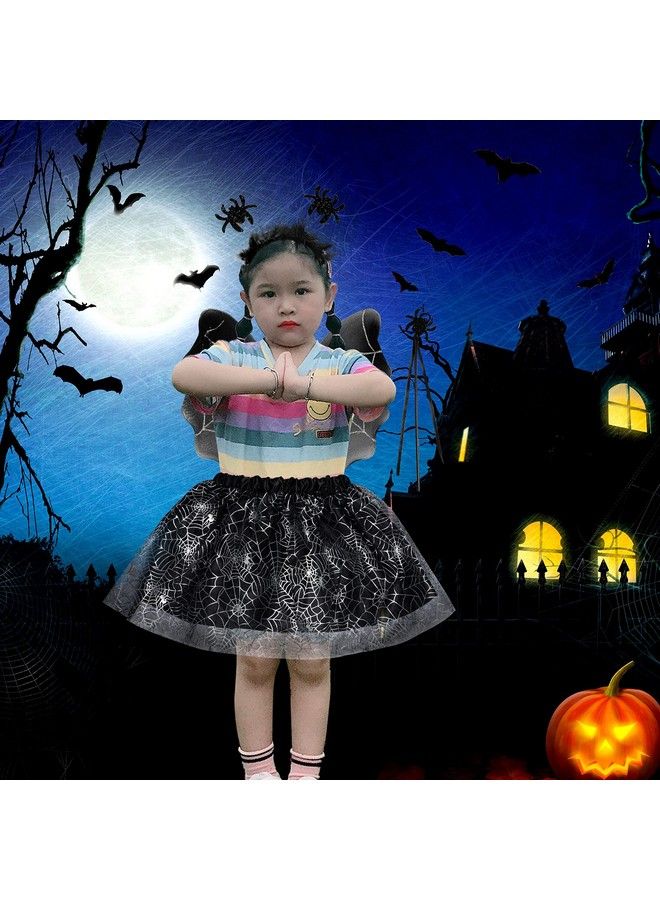 Halloween Spider Costume Set Spider Wings Skirt Set With Headband And Magic Wand Halloween Black & Silver Spider Webs Costume Tutu Skirt For Girls Dress Up Cosplay