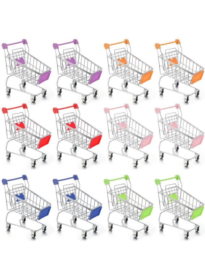 12 Pcs Mini Shopping Cart Mini Supermarket Handcart Toy Small Supermarket Storage Toy 6 Colors Mini Grocery Cart Metal Shopping Utility Cart Mode Storage Toy Holder Desk Accessory (Silver)
