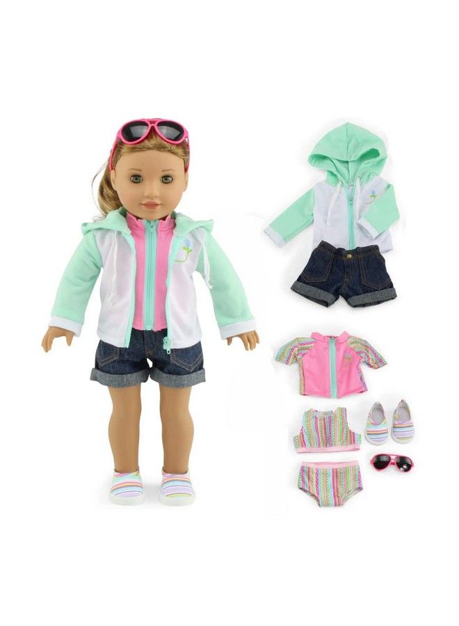 Doll Clothes ; 18 Inch Doll 7 Pc Surfer Swimming Bathing Suit Beach Set Includes Sunglasses And 18 In Doll Shoes! ; Compatible With 18