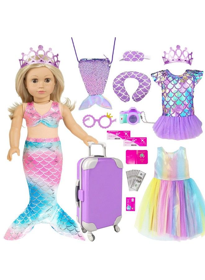 Mermaid 18 Inch Doll Clothes And Doll Accessories Case Luggage Travel Play Set Include Suitcase Dresses Bag Camera Glasses Pillow Eyeshade Etc (No Doll)