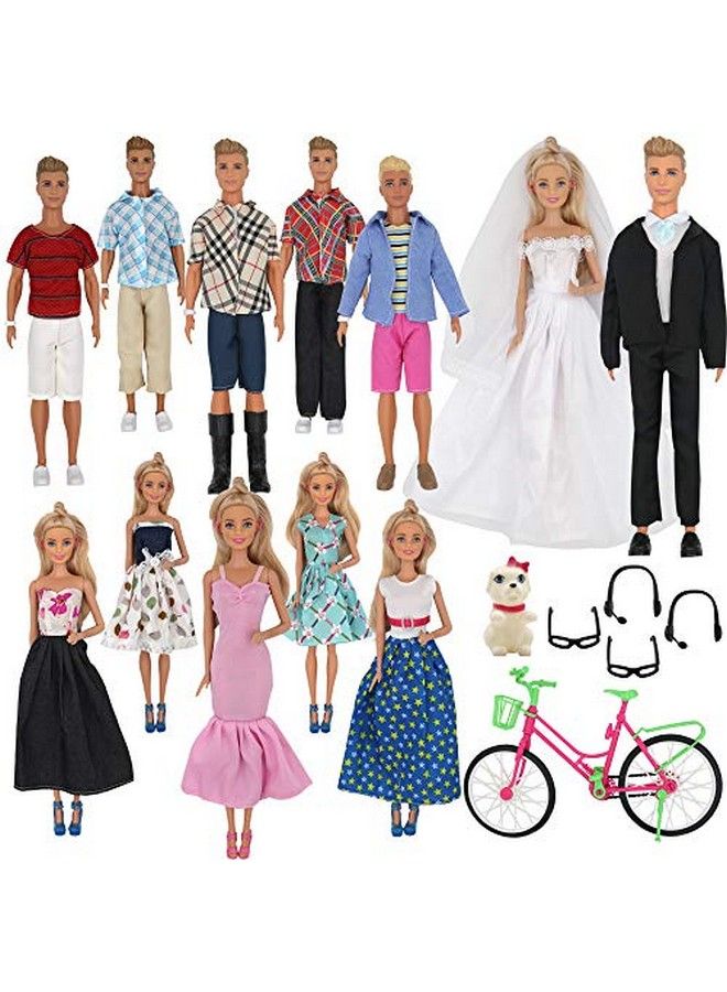 33Pcs Doll Clothes And Accessories For 12 Inch Boy And Girl Doll Includes 20 Wear Clothes Shirt Jeans Suit And Wedding Dresses Glasses Earphones Dog And Bike For 12'' Boy Girl Doll